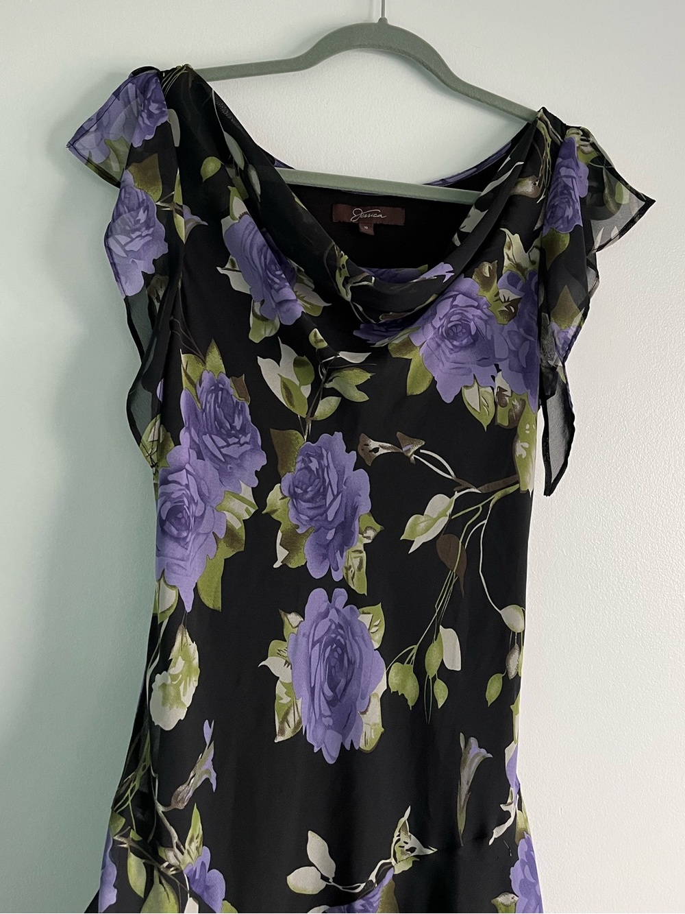 90s Y2K Jessica Black & Purple Floral Whimsical Flowy Fairy Midi Cowl Neck Dress - Picture 14 of 16